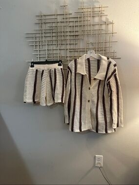 Crochet Knit Two-Piece Set - Cream & Brown Stripes